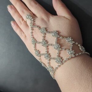 Silver Tone Clear Rhinestone Floral Bridal Hand Chain Bracelet Ring - Set of 2